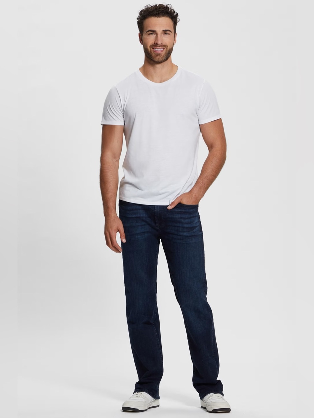 GUESS Men’s Dark Wash Crescent Fit Straight Jeans - Navy Blue